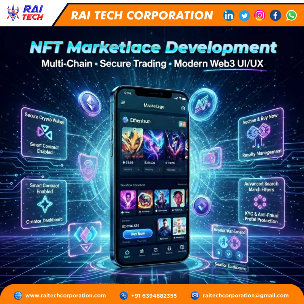 NFT marketplace development banner by Rai Tech Corporation showcasing a secure multi-chain Web3 NFT platform with smart contracts, crypto wallet integration, auctions, and modern UI/UX.