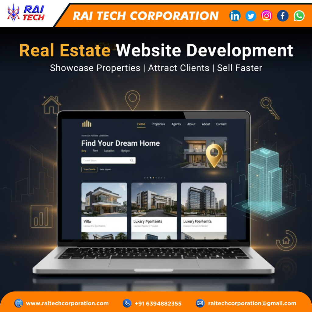 Real estate website development banner showcasing property listings and modern web design by Rai Tech Corporation
