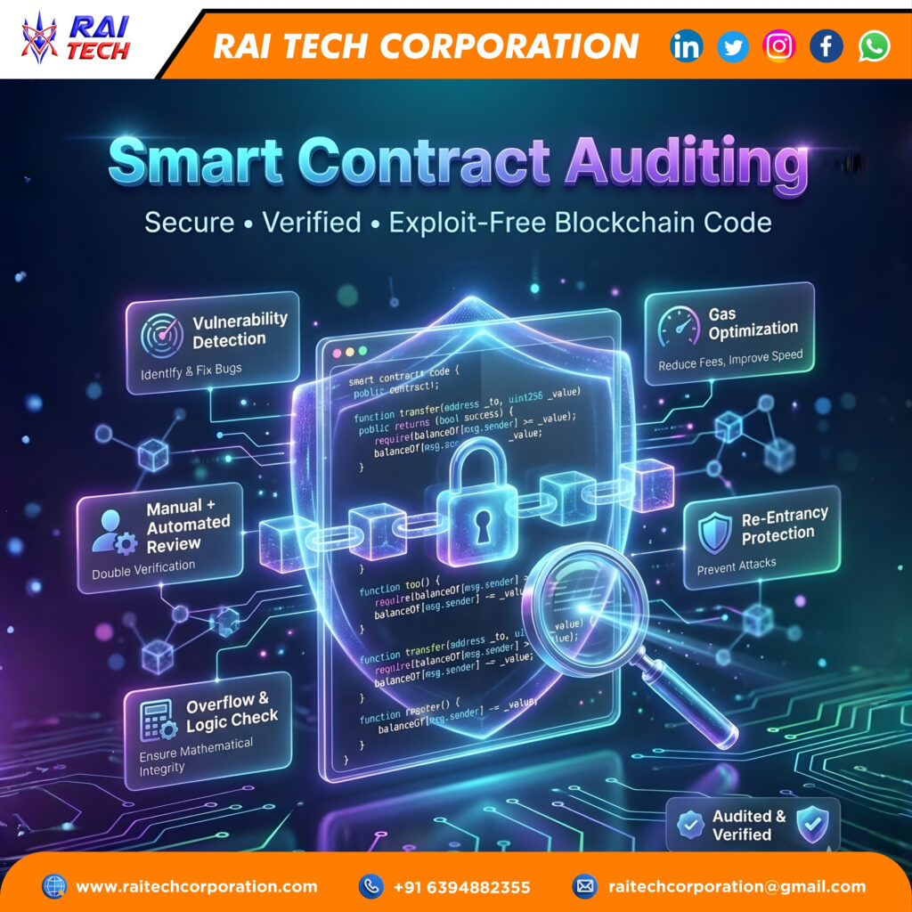 Smart contract auditing banner by Rai Tech Corporation showing secure blockchain code verification, vulnerability detection, gas optimization, and exploit-free smart contracts.