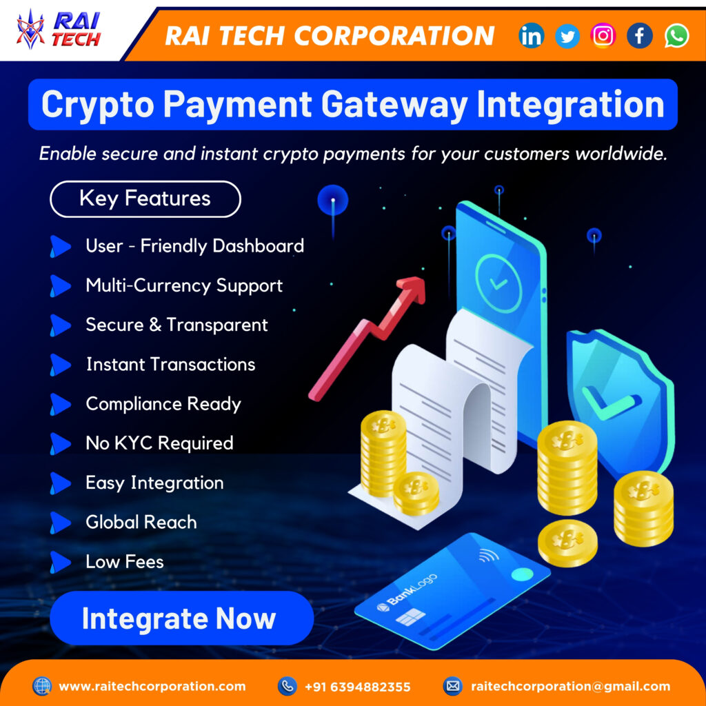 Crypto payment gateway development banner by Rai Tech Corporation showing secure blockchain payment processing, multi-cryptocurrency support, smart contract automation, and Web3 payment integration.