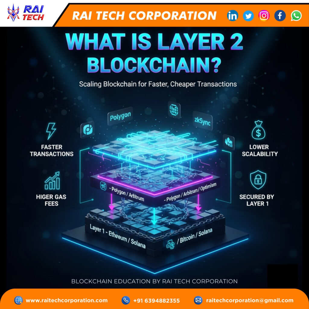 Layer 2 blockchain development explained by Rai Tech Corporation showcasing scalable, low-cost, and secure blockchain solutions using Polygon, Arbitrum, Optimism, and zkSync
