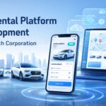 Car rental platform development by Rai Tech Corporation showing online vehicle booking system, fleet management dashboard, and mobile car rental application