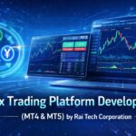 Forex trading platform development by Rai Tech Corporation featuring MT4 and MT5 trading dashboards, real-time charts, and secure forex trading system