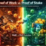 Proof of Work vs Proof of Stake comparison showing blockchain mining vs staking and consensus mechanism differences