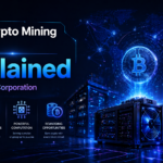 Crypto mining process showing blockchain validation, mining hardware, and transaction verification
