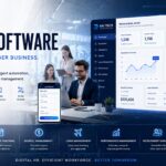 HRM software dashboard showing employee management, payroll system, and attendance tracking
