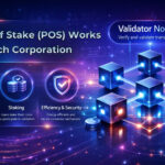 Proof of stake process showing staking, validator selection, and blockchain validation