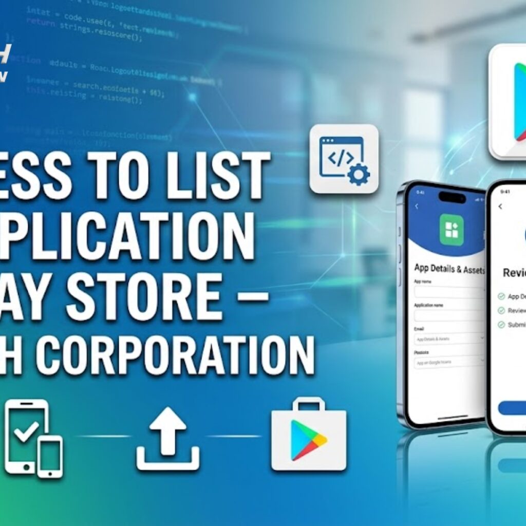 Process to publish app on Google Play Store showing app upload, listing details, and developer console