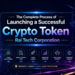 Crypto token development process showing blockchain, smart contracts, tokenomics, and exchange listing
