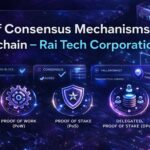 Types of consensus mechanisms showing PoW, PoS, DPoS, PoA, and blockchain validation methods