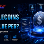 Stablecoin mechanism showing reserve backing, smart contracts, and 1:1 USD peg maintenance