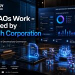 DAO governance system showing blockchain voting, smart contracts, and decentralized community management